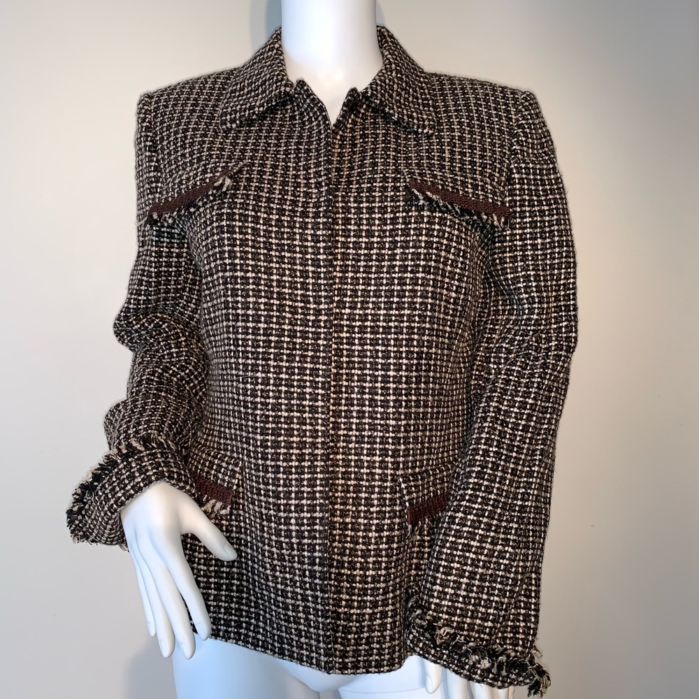 EUC Tahari brown tweed blazer raw fringe edges - Picture 6 of 8